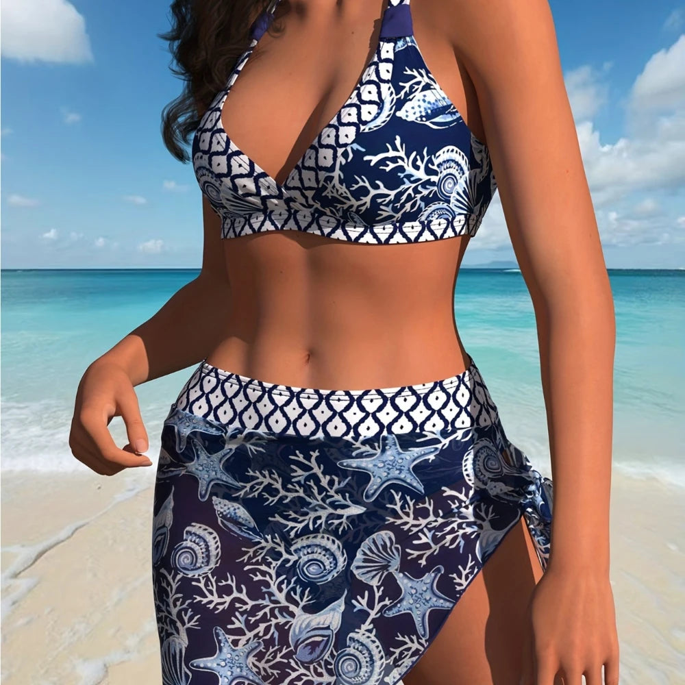 Women’s Asymmetrical Bikini Set Black One-Shoulder Crop Top with Geometric Trim & High-Waist Printed Bottom, Modern Beach Style Aurexia off