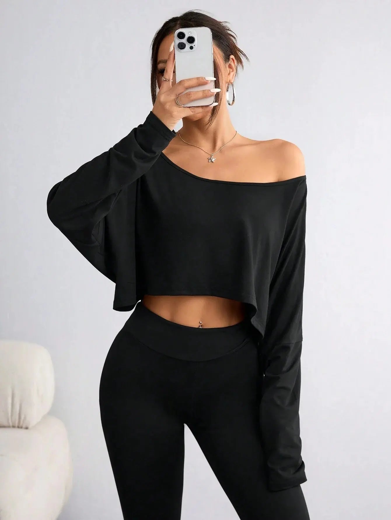 Women Casual Solid Batwing Cropped Off Shoulder T-Shirt Spring Autumn Aurexia off
