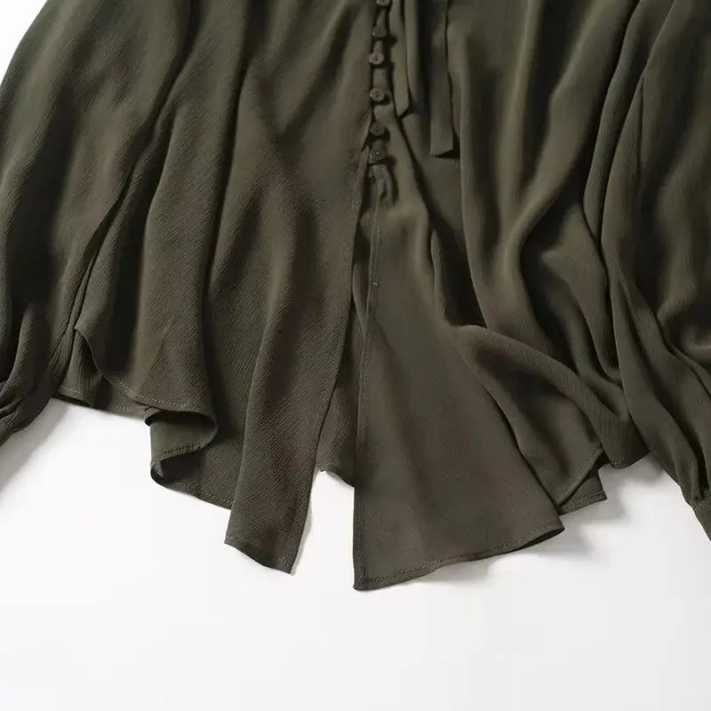 2025 French Style Women's Shirts Dark Green Loose Long Sleeve Top with Bow Tie Autumn Tops Aurexia off