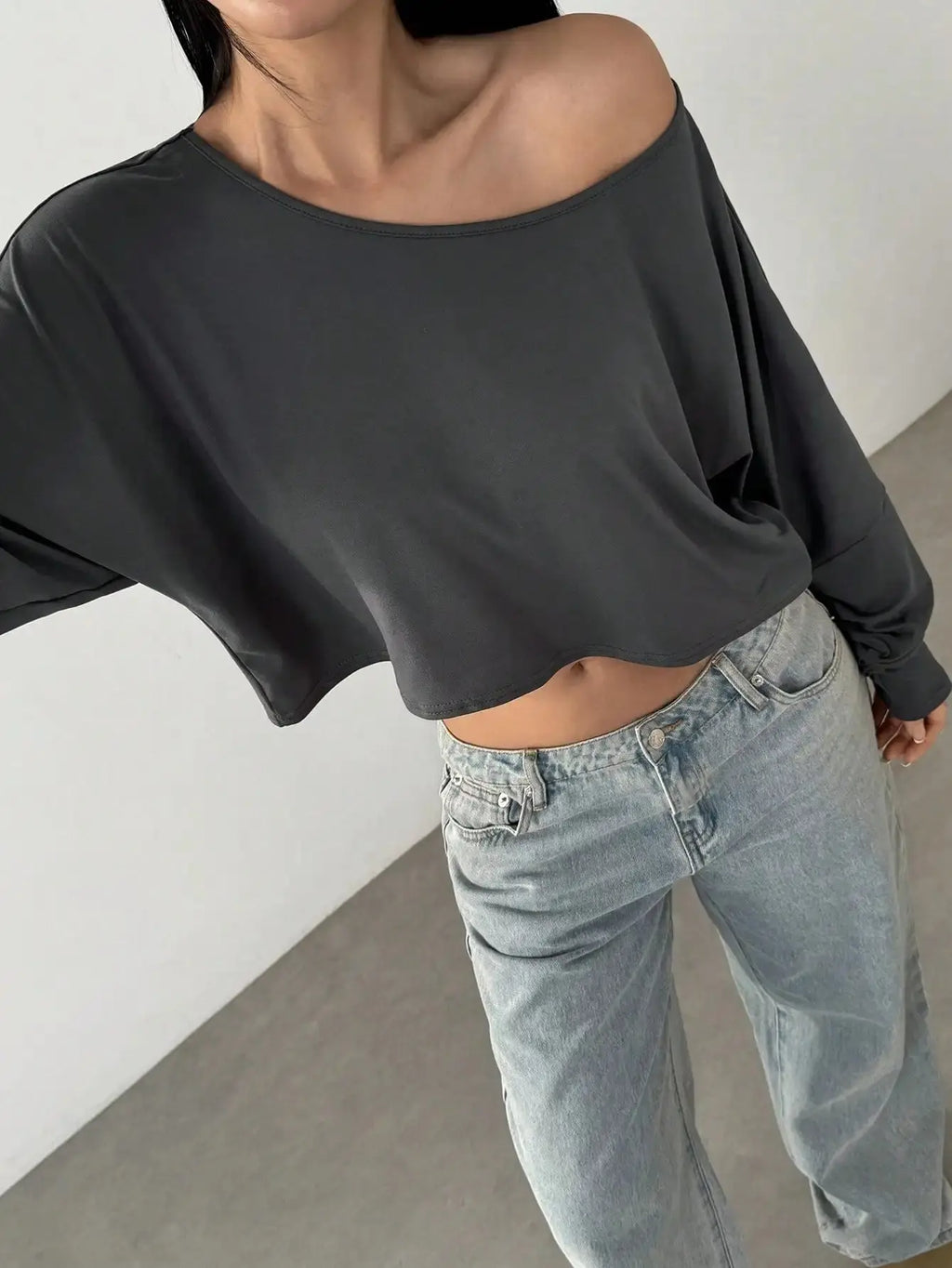 Women Casual Solid Batwing Cropped Off Shoulder T-Shirt Spring Autumn Aurexia off