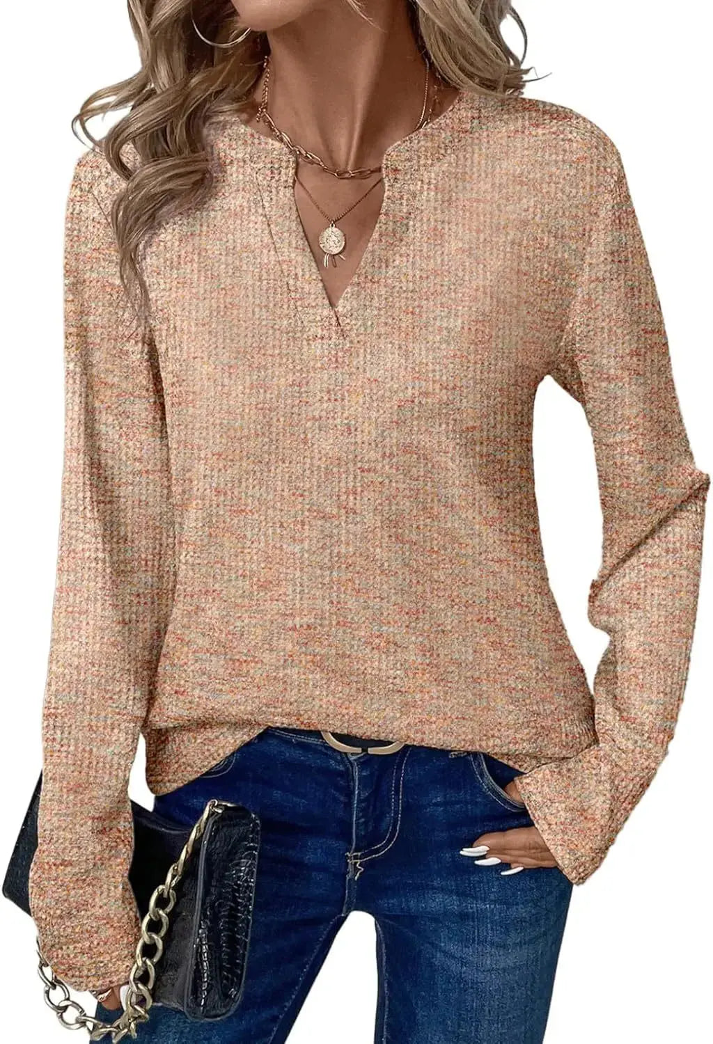 New Womens Notched V-Neck Long Sleeve Space Dye Waffle Knit Blouse Casual Loose Fit Top for Daily Wear Aurexia off