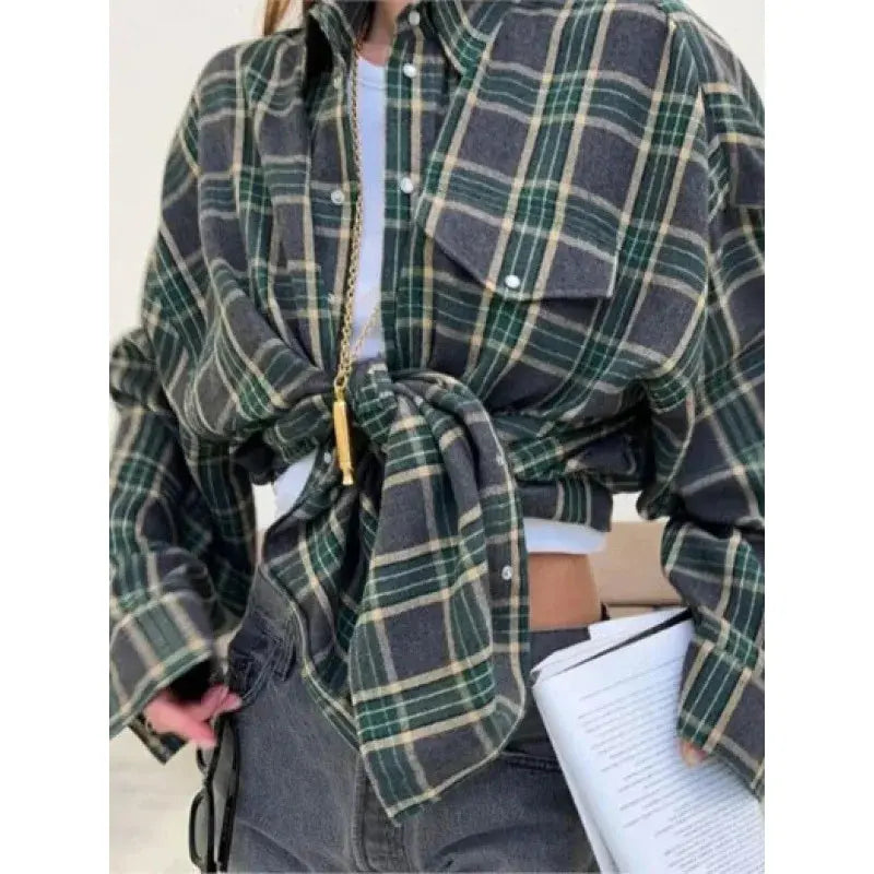 Women's Pink & Grey Plaid Flannel Shirt Button Down, Long Sleeve, Casual Streetwear Blouse for Layering Aurexia off