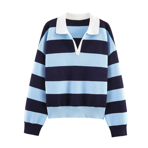 2026 Autumn New Women's Loose Long Sleeve Sweater Solid Color & Bold Stripe Lapel Top Street Fashion Long Sleeve Pullover Aurexia off