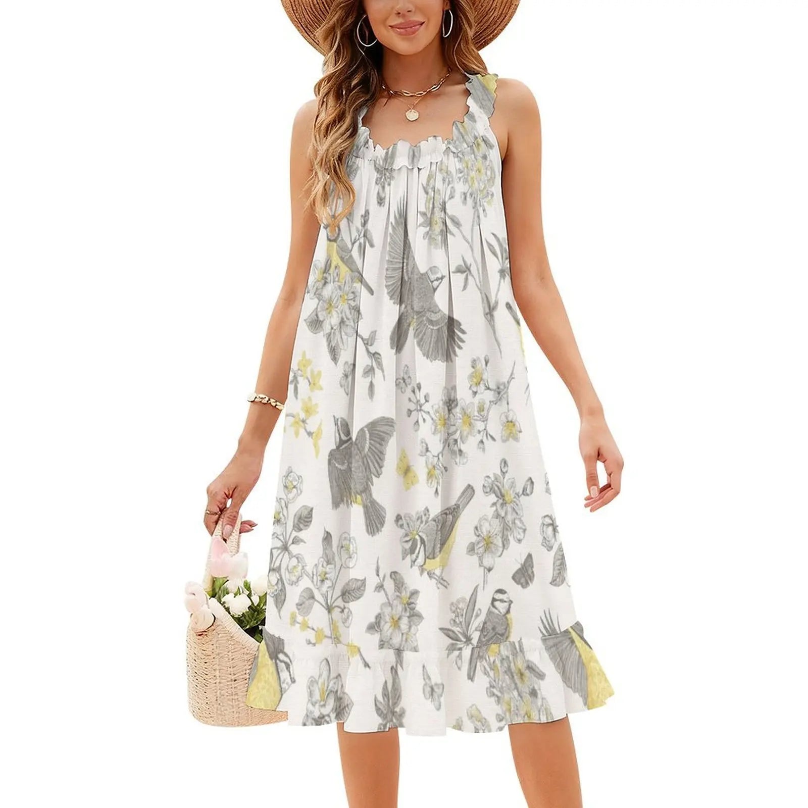 Vintage Yellow Grey Toile Birds French Country Women's Elegant Party Dress A-Line Dress With Short/Long/Sleeveless Options Aurexia off