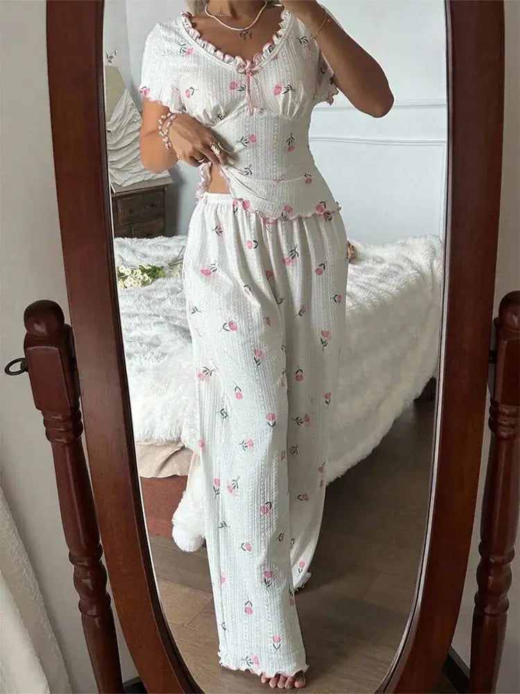 Summer Y2K Sweet Tulip Print Ruffle V Neck Tie Pajama Set Women Short Sleeve Top & Wide Leg Pants Casual Loungewear Sleepwear Aurexia off