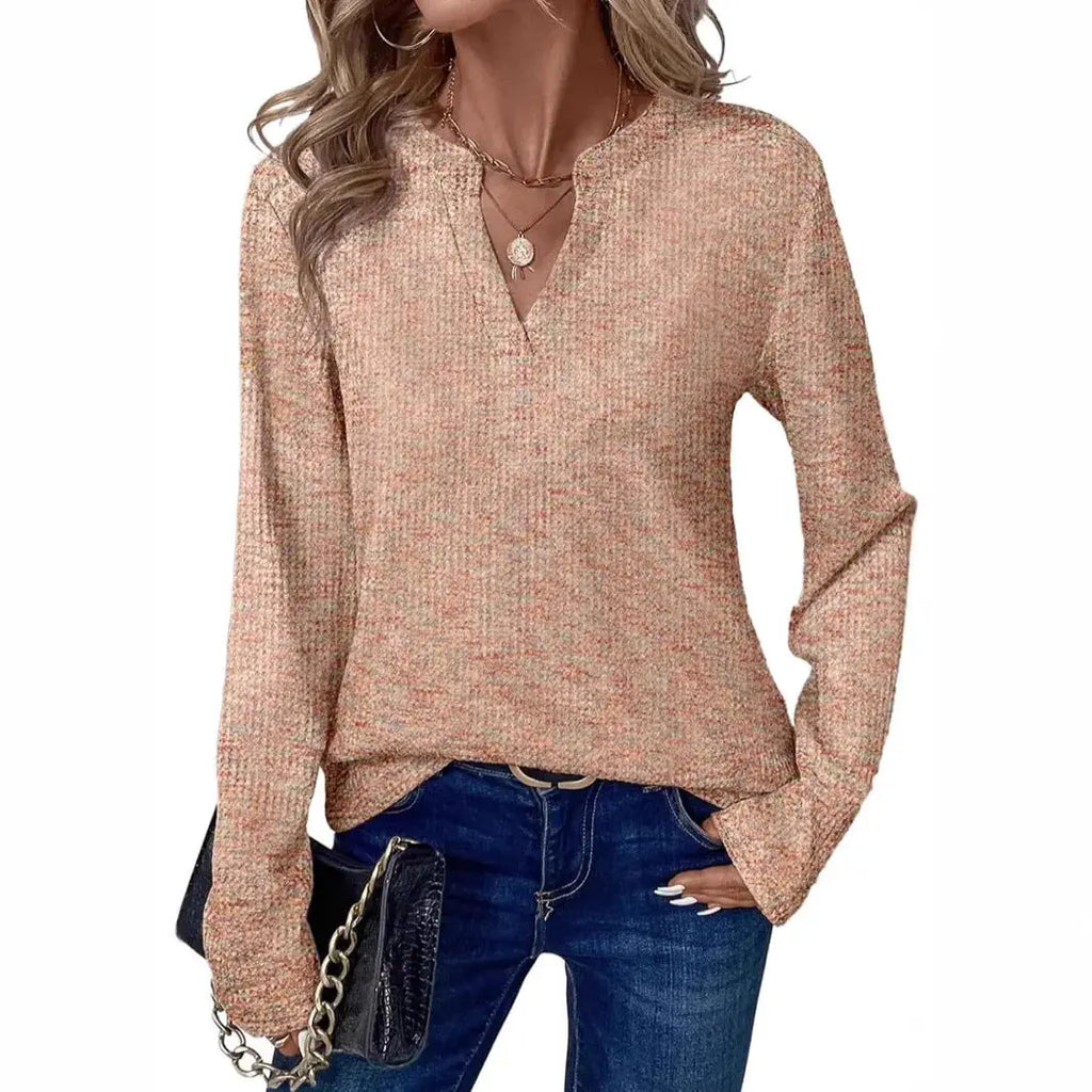 New Womens Notched V-Neck Long Sleeve Space Dye Waffle Knit Blouse Casual Loose Fit Top for Daily Wear Aurexia off