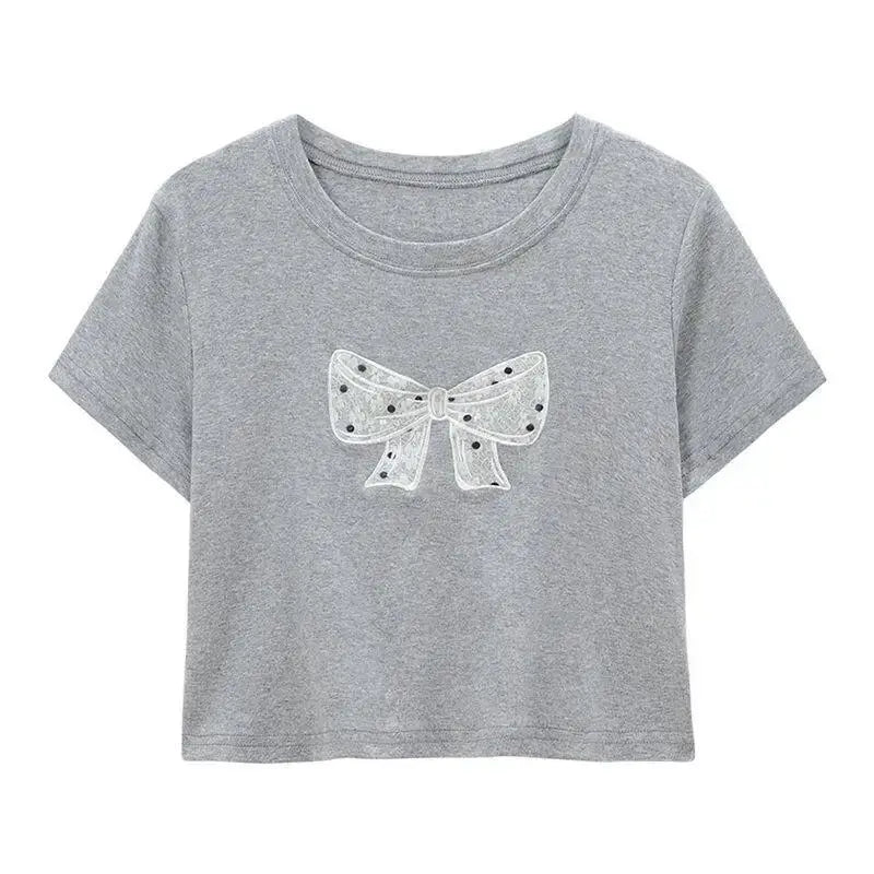 Womens Suit Fashion 2 Piece Set Short Sleeve T Shirt And High Waist Cake Skirt Lace Polka Dot Women Summer Bow Grey Casual Sweet Aurexia off