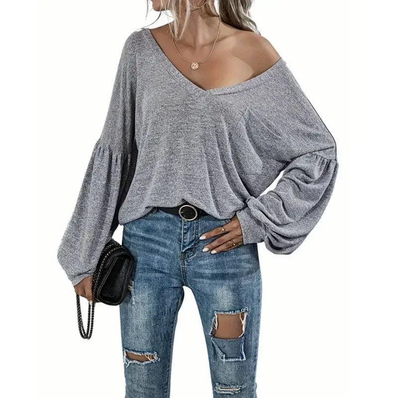 Women's V-neck Solid Color T-shirt Ladies Casual Open Back Pocket Lantern Sleeve Fashion Long Sleeve T-shirt Top Aurexia off