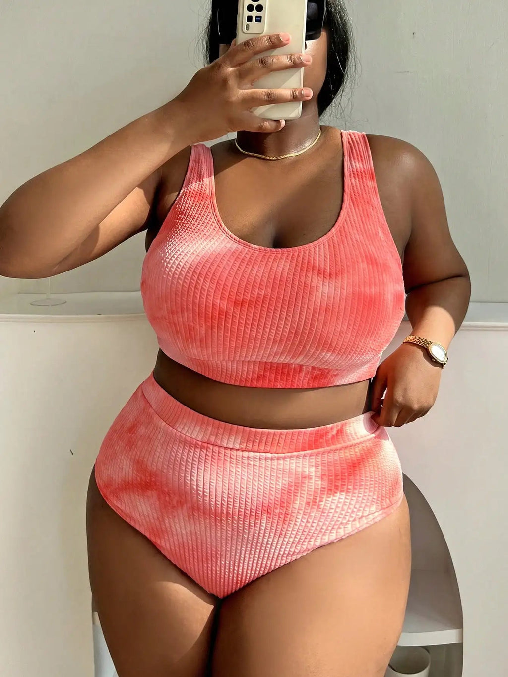 Plus Size Tie Dye Ribbed Tankini Set Casual Beach Swimwear Aurexia off